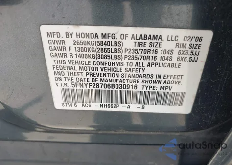 2006 Honda Pilot Ex-L from USA, damaged, VIN 5FNYF28706B030916